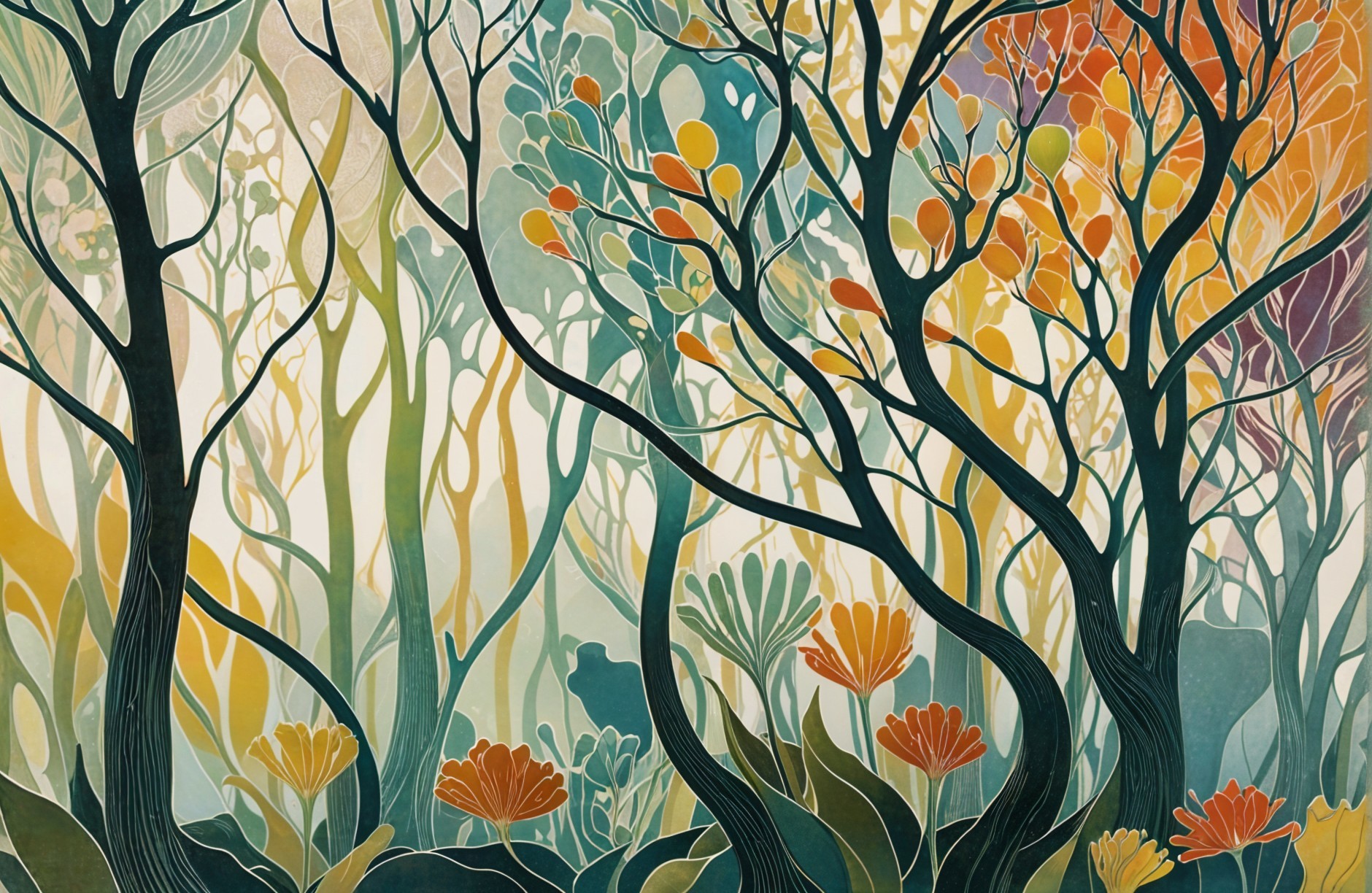 Vibrant Stylized Forest Scene with Colorful Elements
