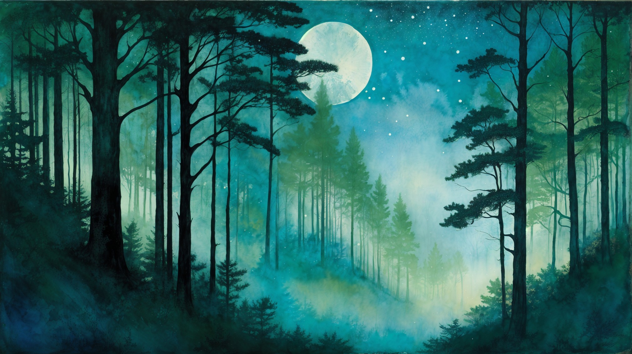 Serene Forest Scene Under Full Moon and Mist