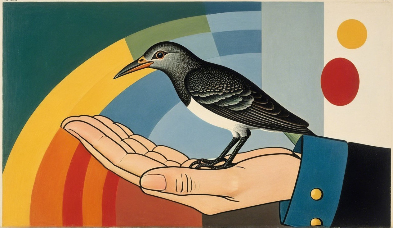 Stylized blackbird on hand with geometric background