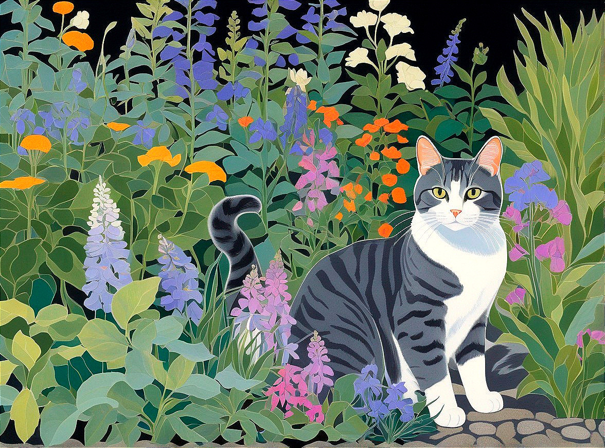 Serene Garden with Tabby Cat Among Colorful Flowers