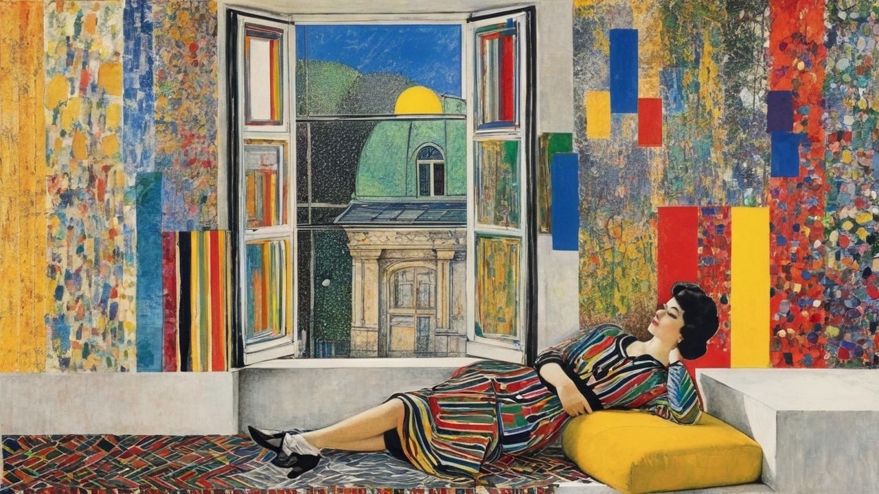 Serene Interior Scene with Woman in Colorful Dress