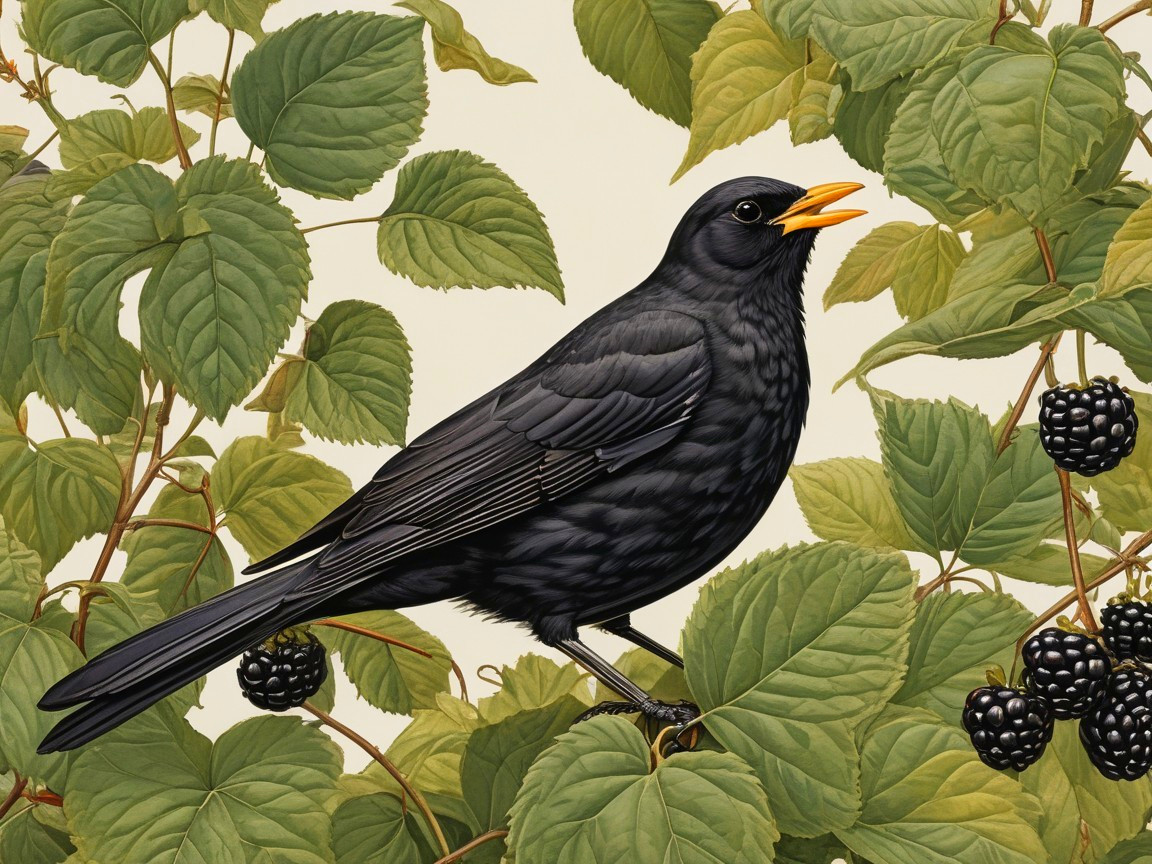 Vibrant Black Bird Among Green Leaves and Blackberries