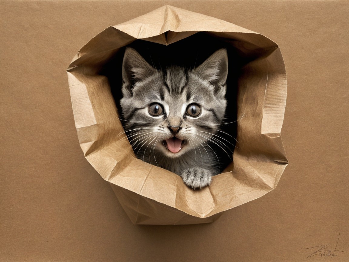 Gray tabby kitten exploring a crumpled paper bag