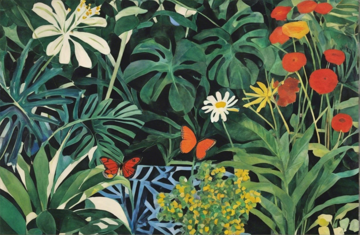 Vibrant Tropical Scene with Lush Foliage and Flowers