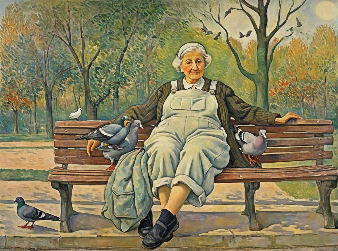 Elderly woman on bench with pigeons in autumn park