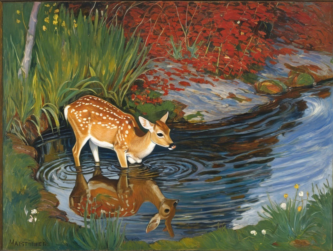 Fawn by Tranquil Stream in Autumn Landscape