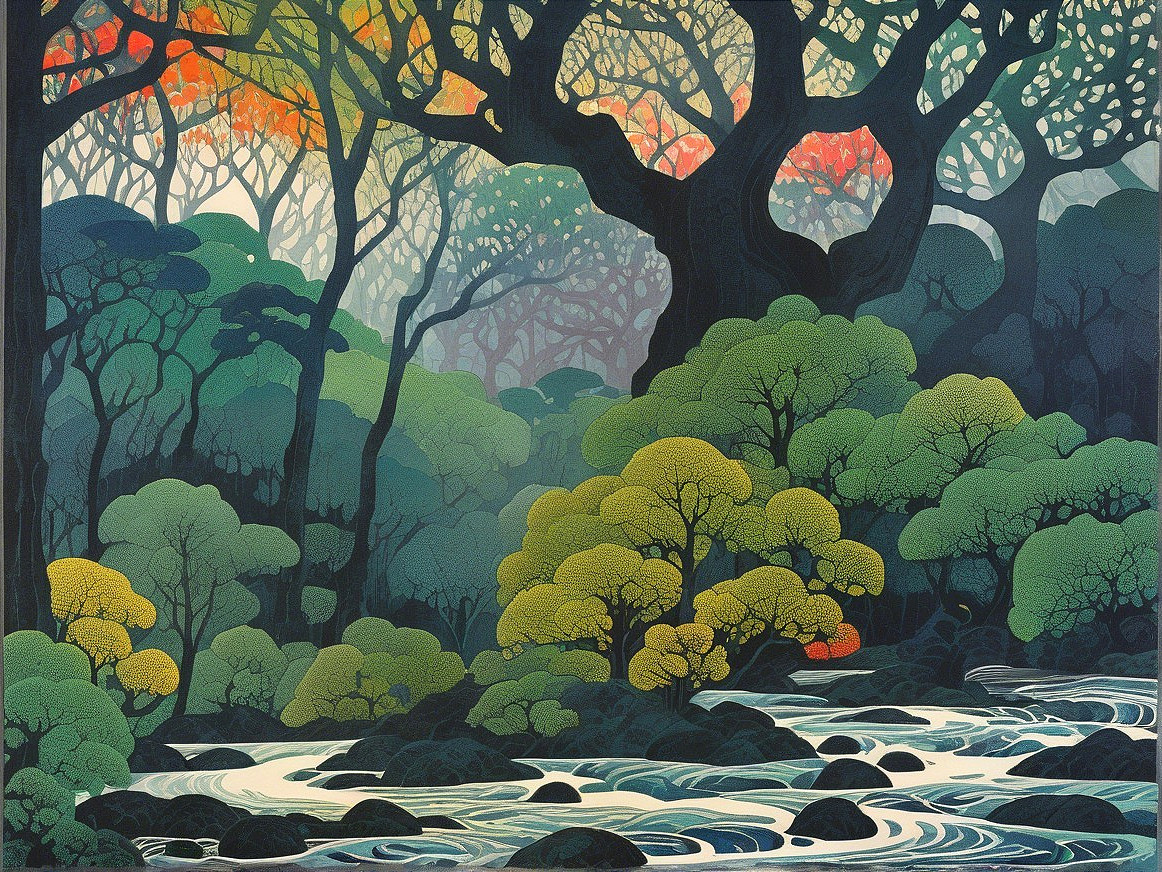 Serene Forest Landscape with River and Mist