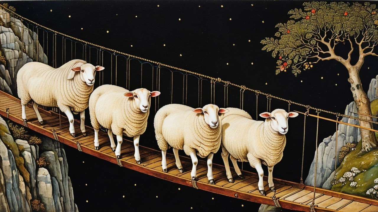 Fluffy Sheep Crossing a Wooden Bridge Under Stars