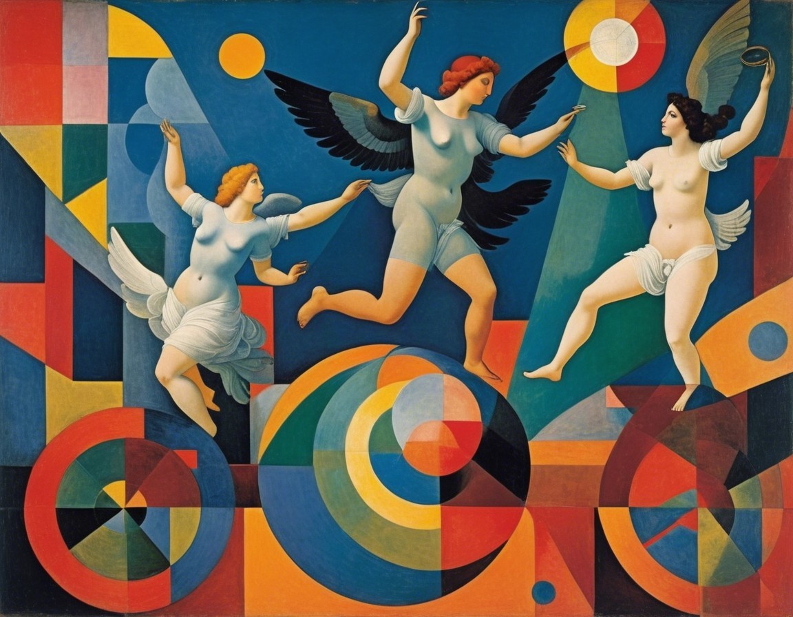 Winged Figures Against Vibrant Geometric Background