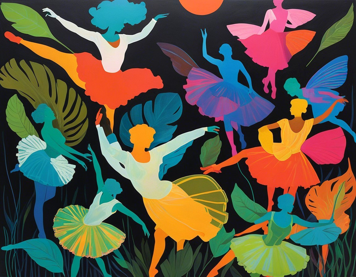 Ballet Dancers in Colorful Tutus Among Tropical Leaves