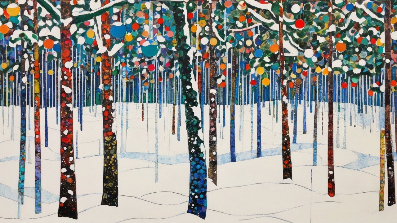 Whimsical Winter Forest with Colorful Ornaments