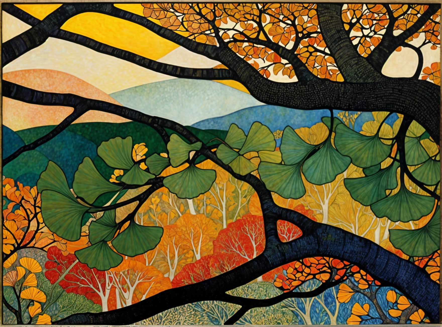 Vibrant Autumn Landscape Through Ginkgo Tree Branches