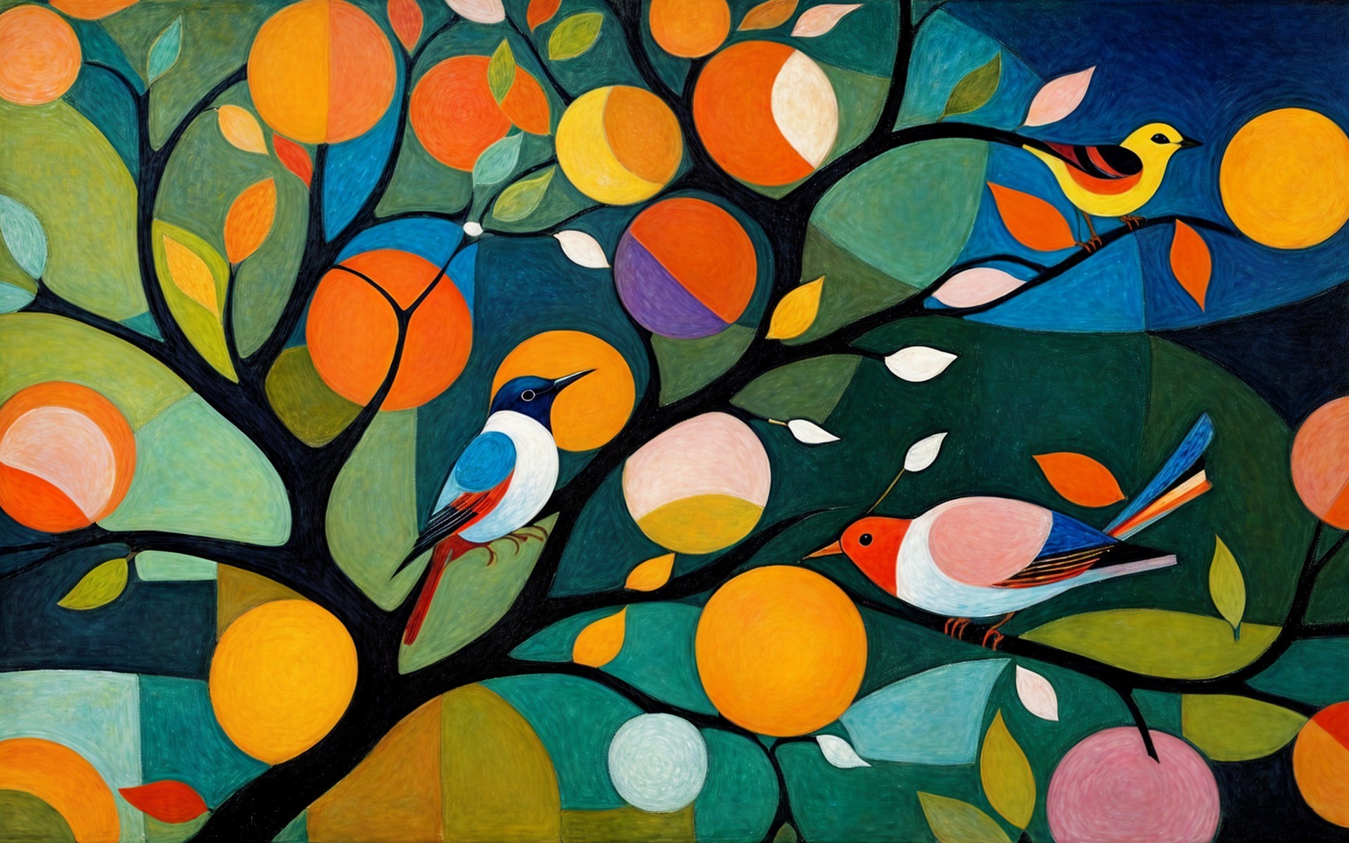 Vibrant Tree with Colorful Fruits and Stylized Birds