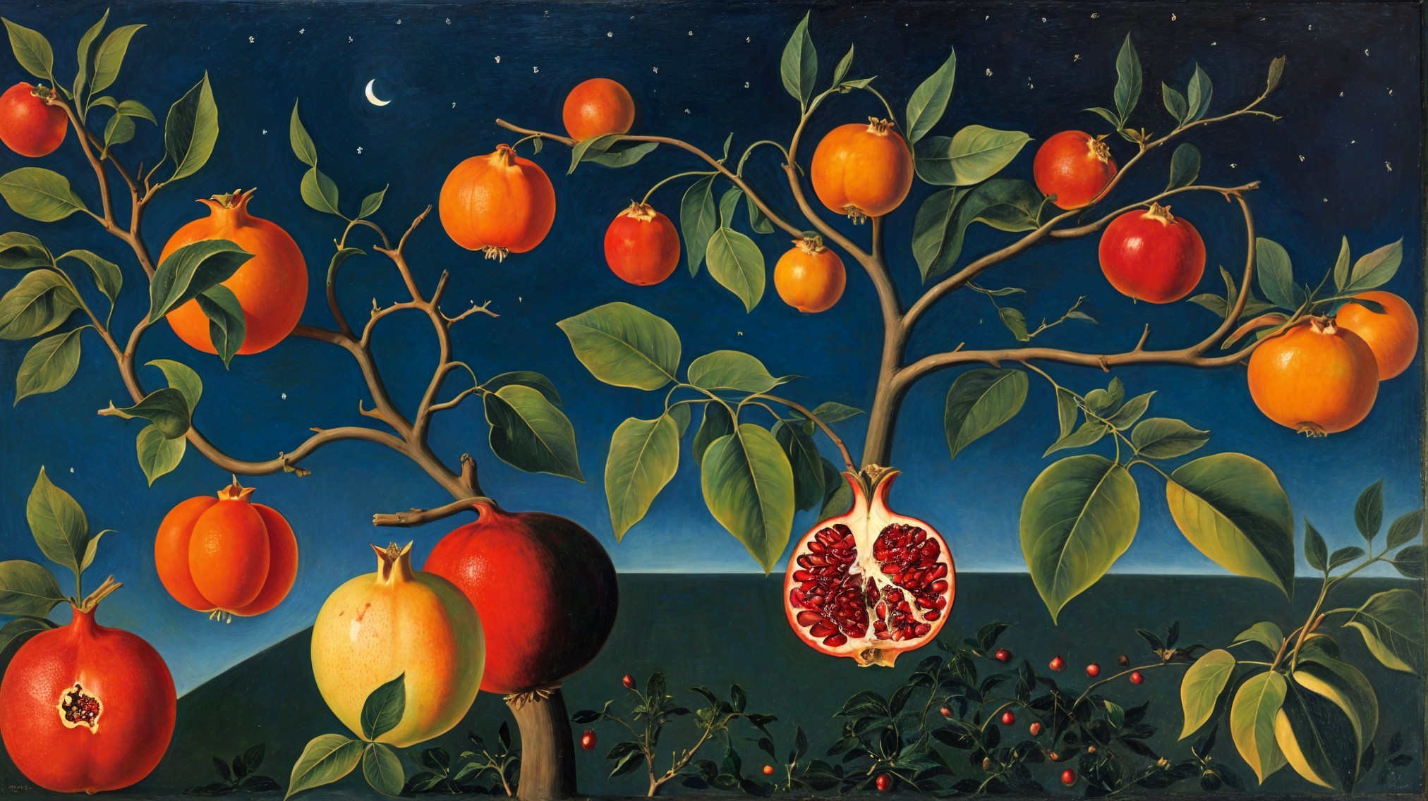 Serene Night Scene with Pomegranate Trees and Moon