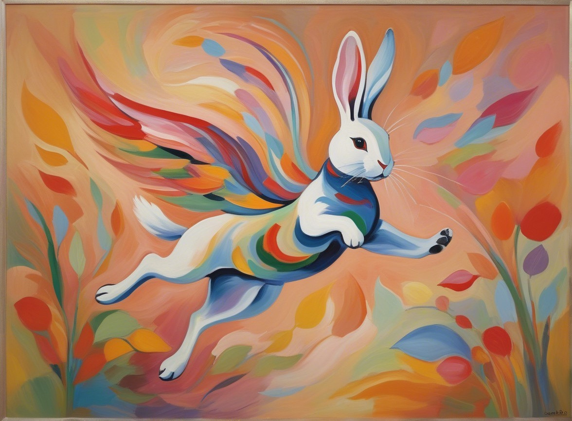 Whimsical Painting of a Rabbit with Colorful Wings