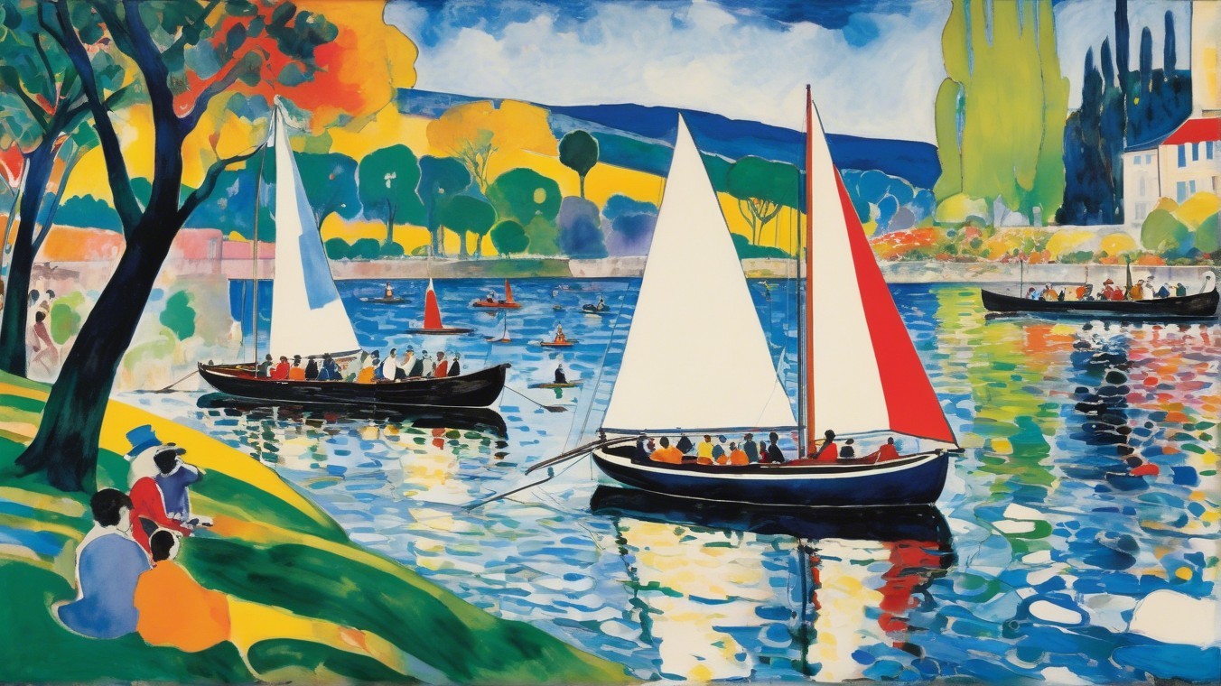 Vibrant River Scene with Sailboats and Lush Trees