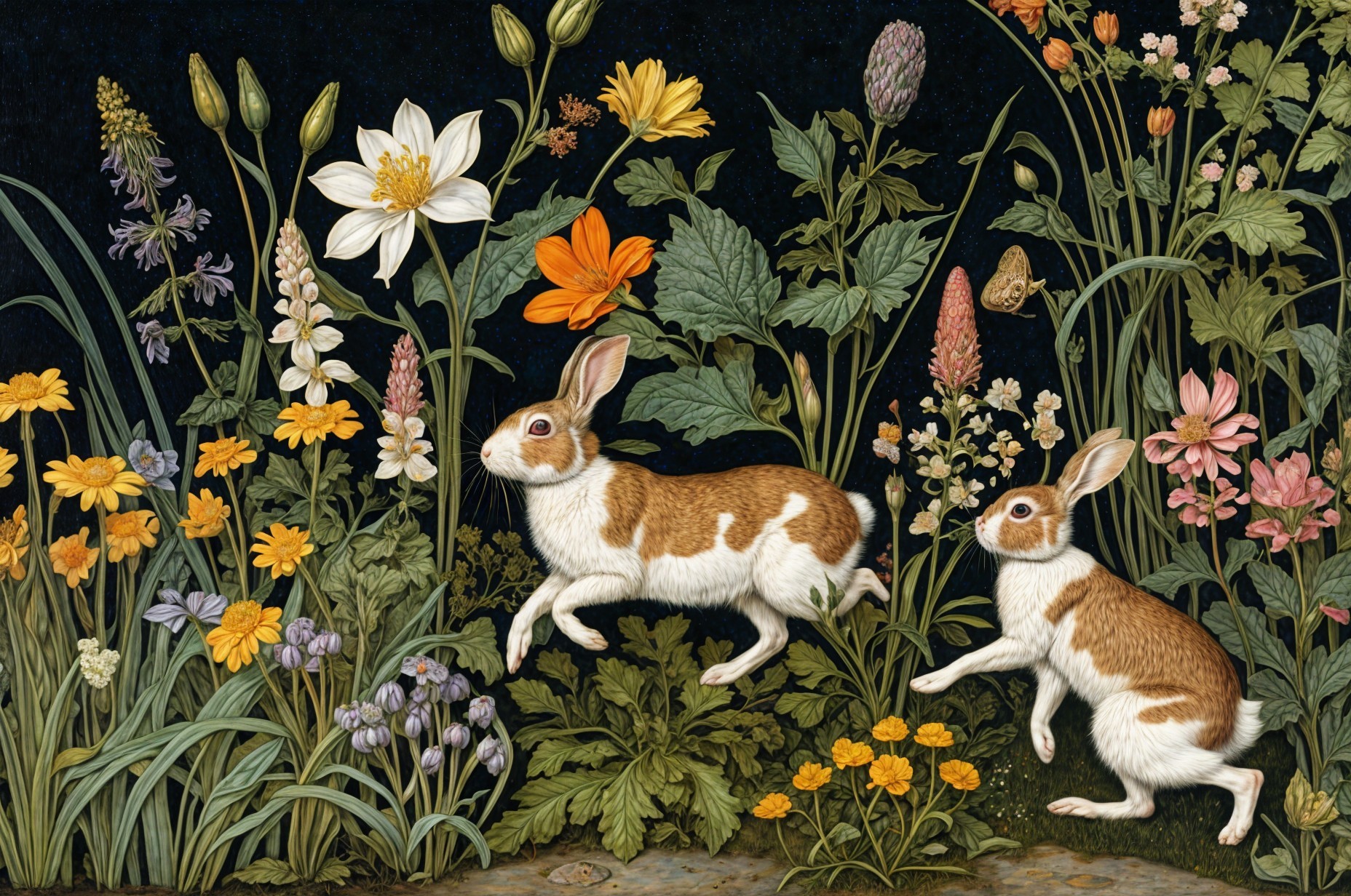 Rabbits Hopping Among Vibrant Wildflowers in Nature