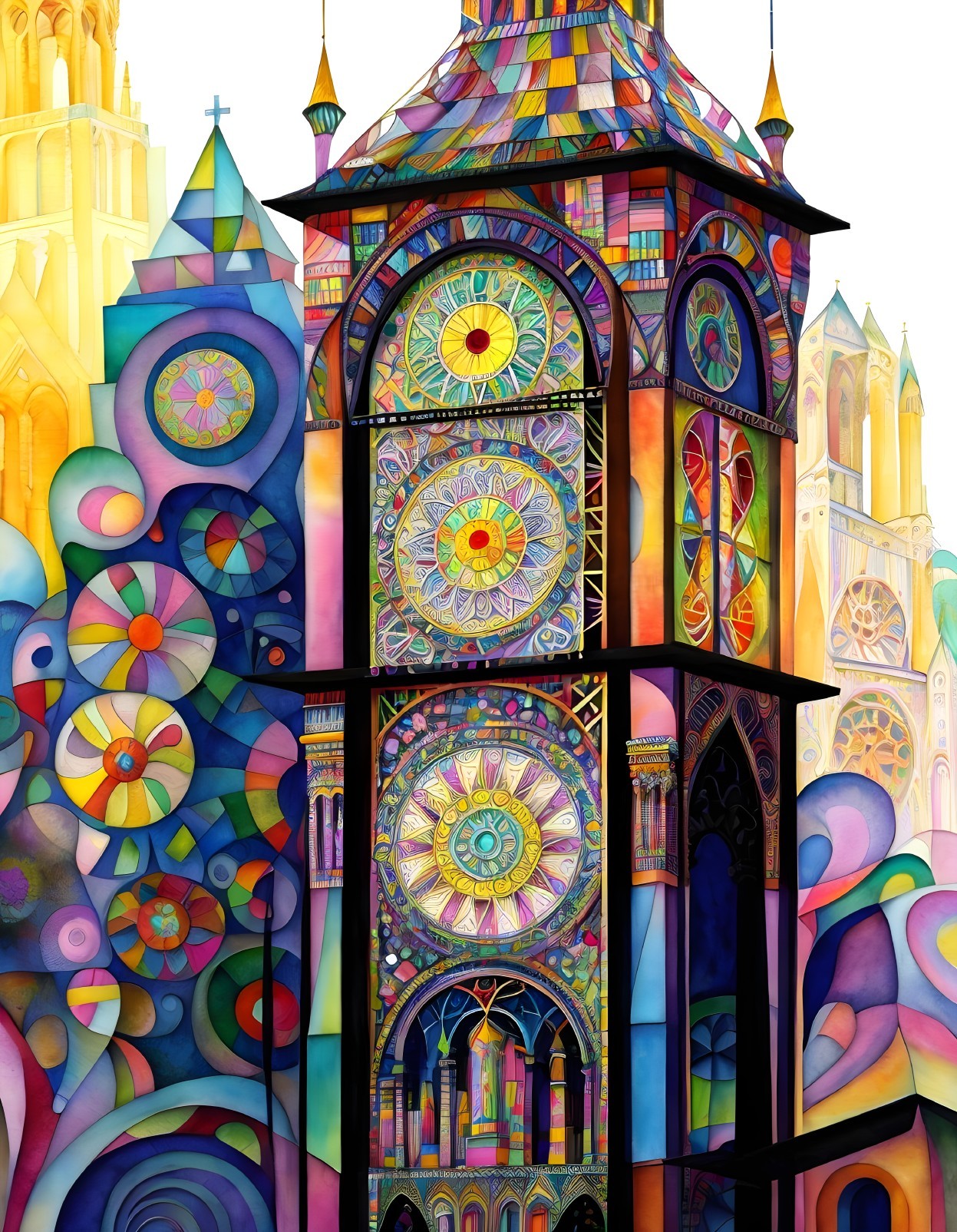 Colorful artwork: fantastical architectural structure with stained glass windows
