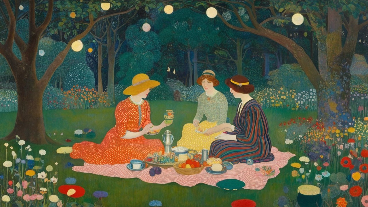 Women having a picnic in a vibrant garden setting
