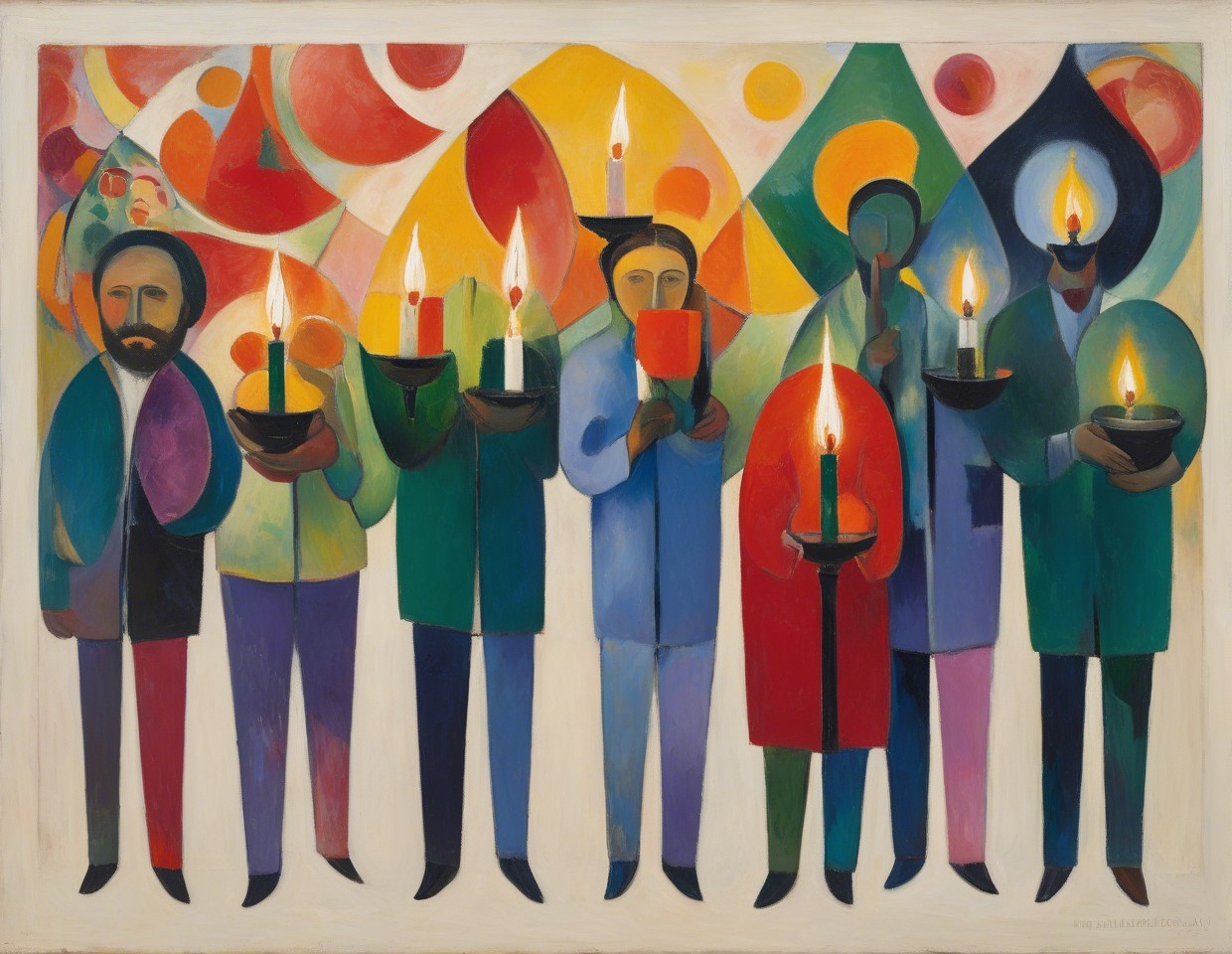 Vibrant Painting of Seven Figures with Candles