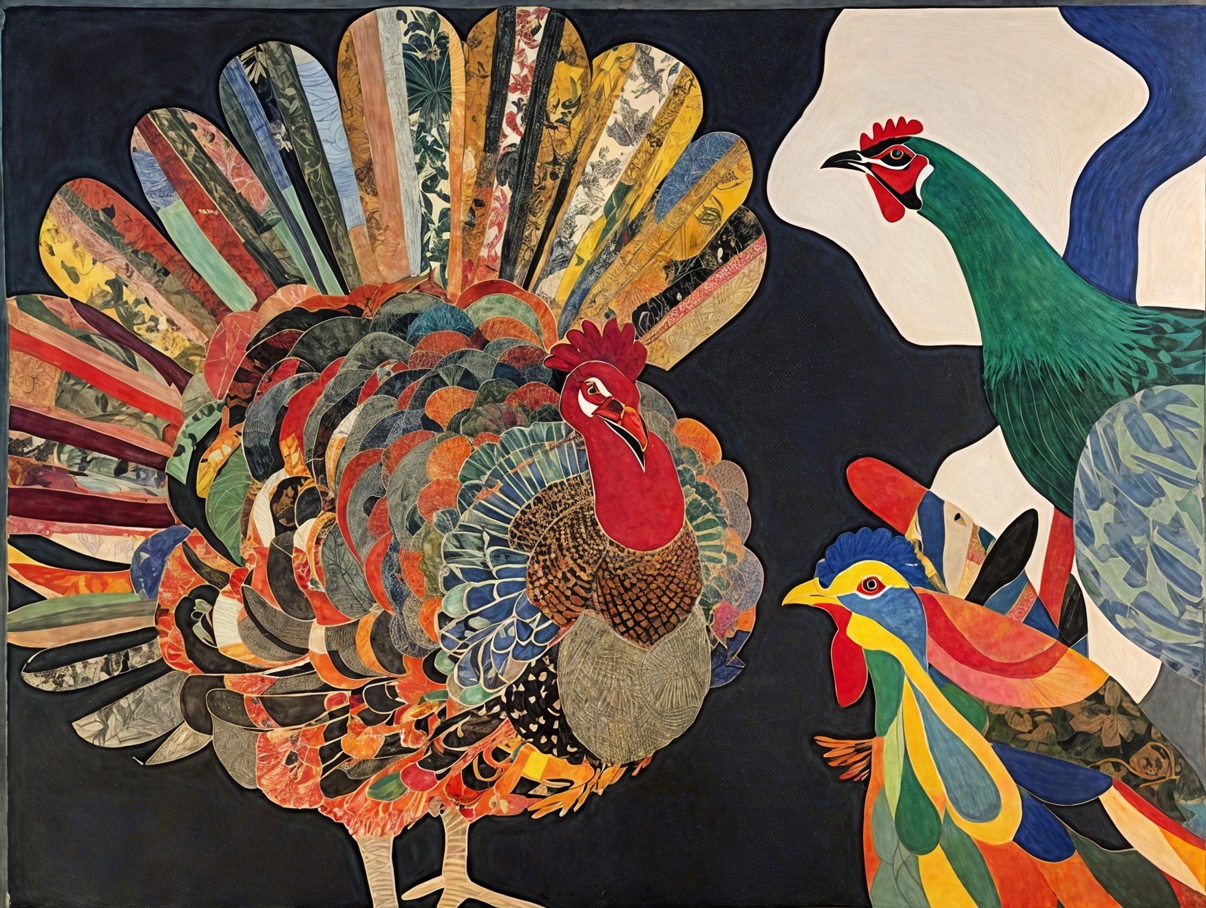 Colorful depiction of three intricately patterned roosters