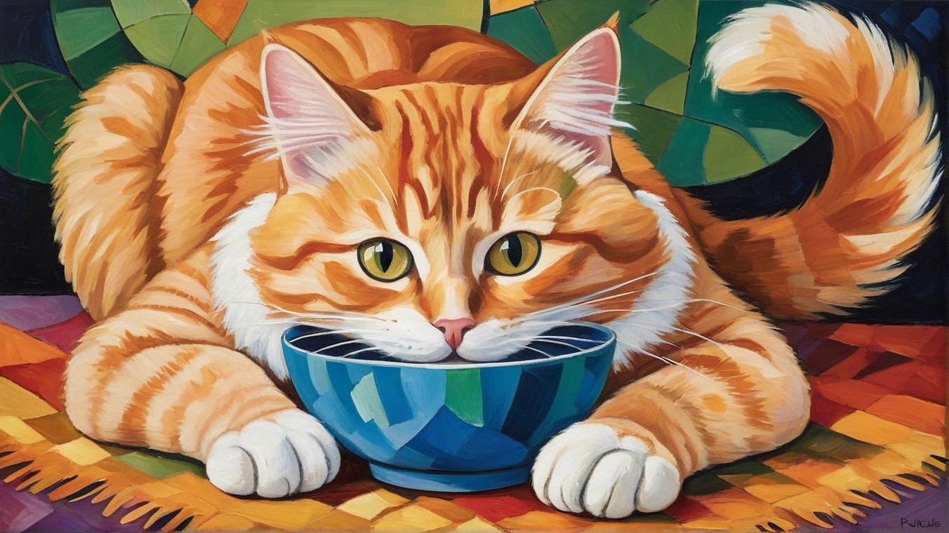 Colorful Painting of an Orange Tabby Cat and Bowl