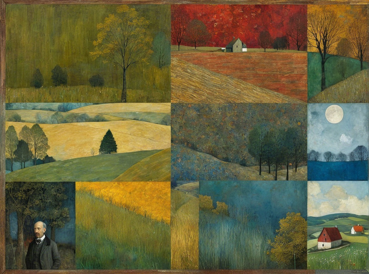 Grid of Twelve Art Images Featuring Landscapes and Portraits