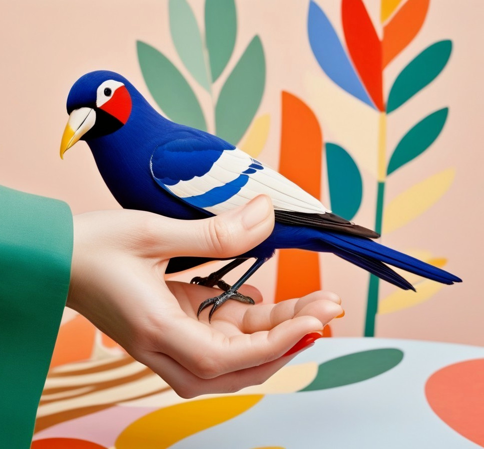 Vibrant Blue Bird on Hand with Colorful Background