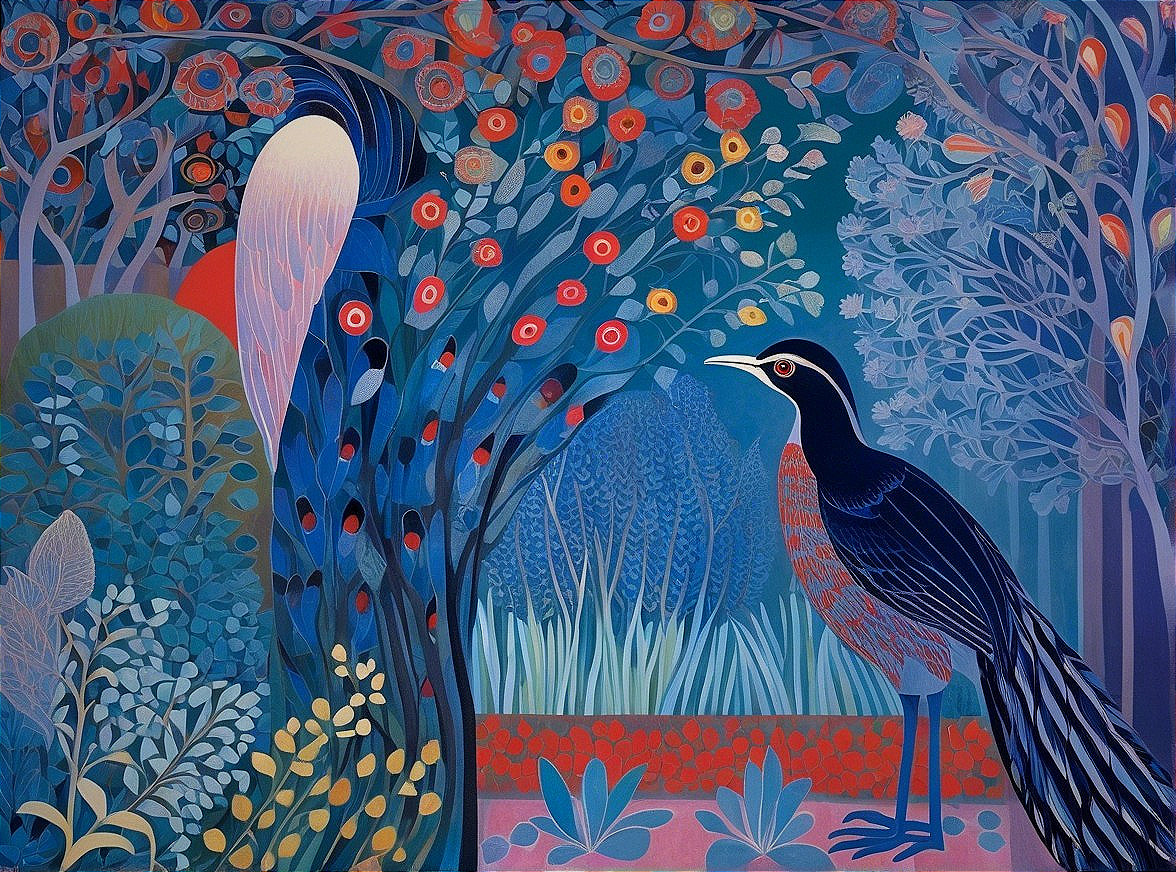 Vibrant Landscape with Peacocks and Colorful Foliage