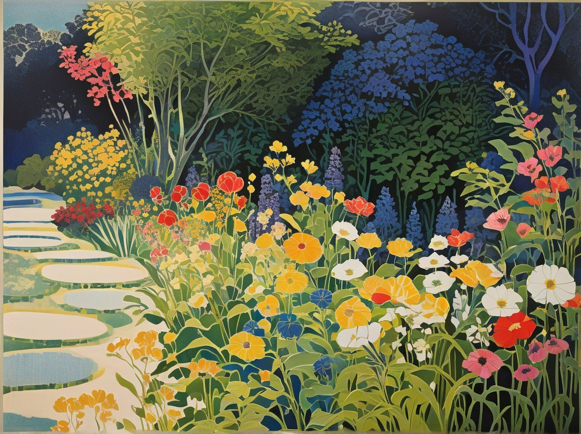 Vibrant Garden Scene with Colorful Flowers and Pathway