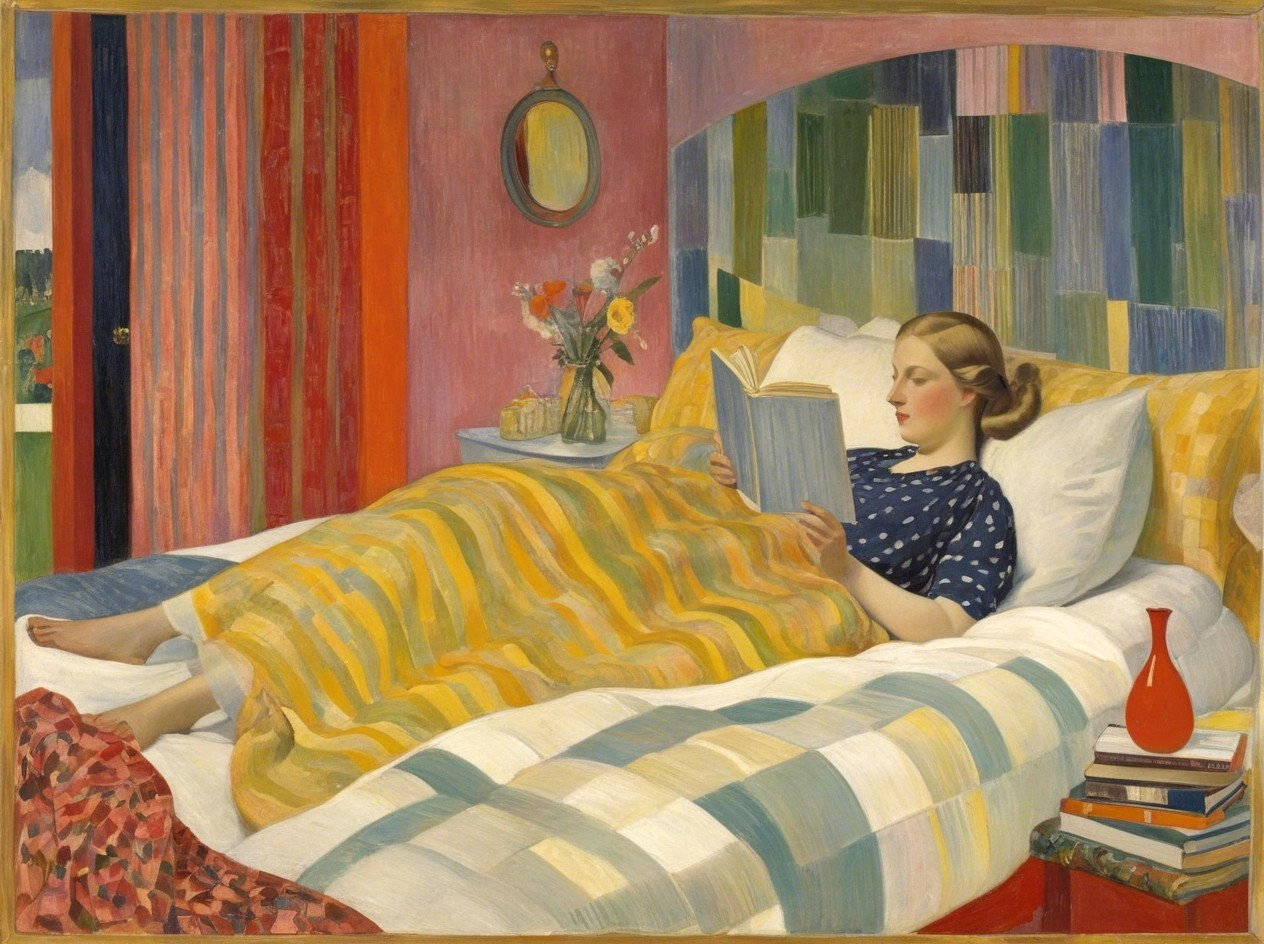 Young Woman Reading in Bed in Ornate Room Setting