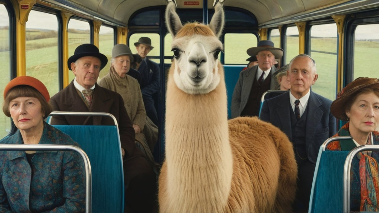 Llama in Vintage Bus Surrounded by Passengers