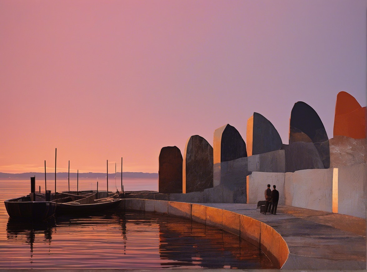 Twilight Scene with Figures by Water and Boats