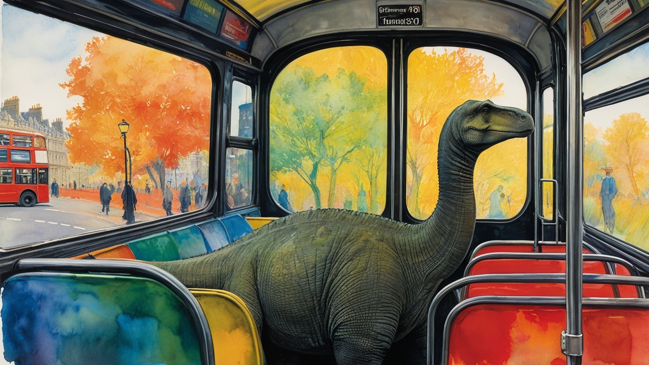 Whimsical Dinosaur Inside Colorful Bus in Urban Scene