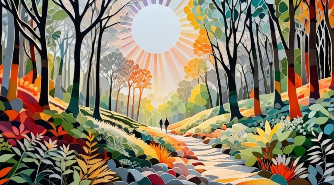 Vibrant Forest Scene with Winding Path and Colorful Foliage