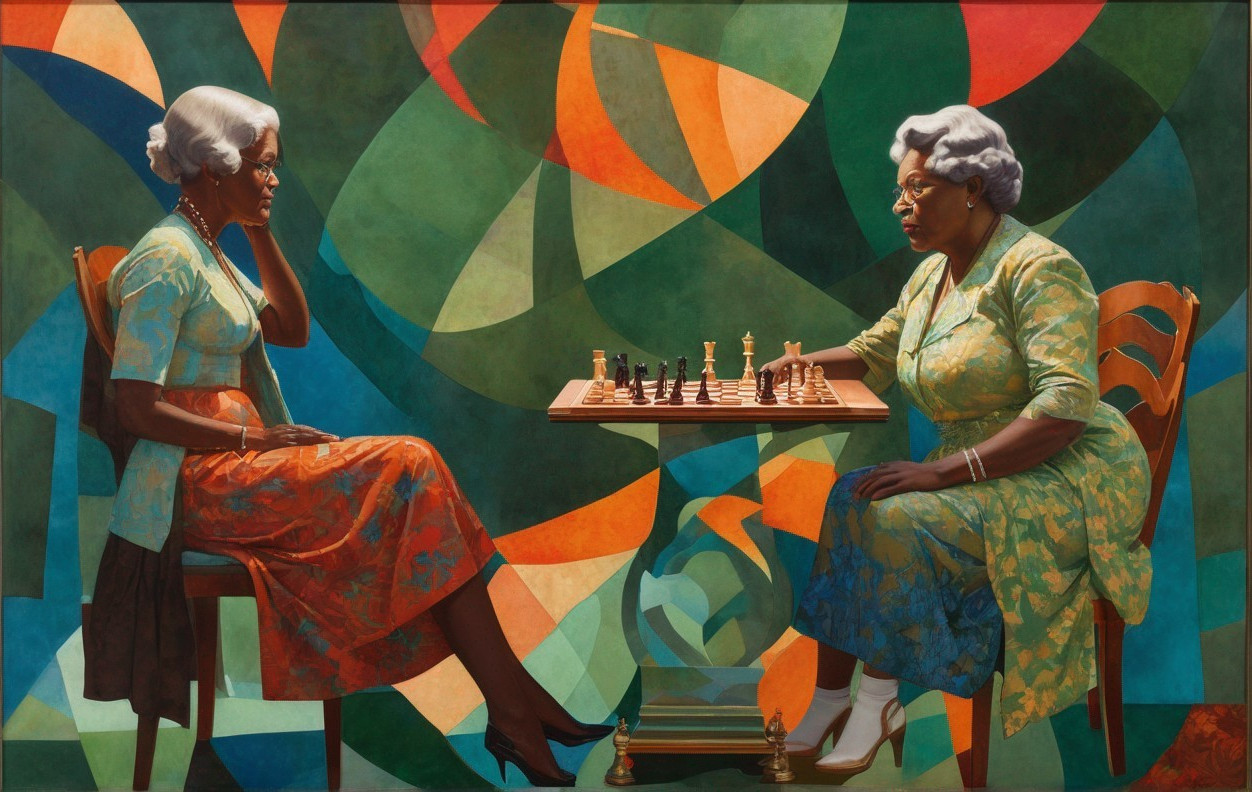 Elderly women playing chess against colorful abstract backdrop