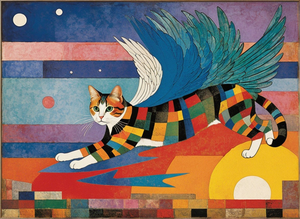 Colorful Stylized Cat with Feathered Wings and Background