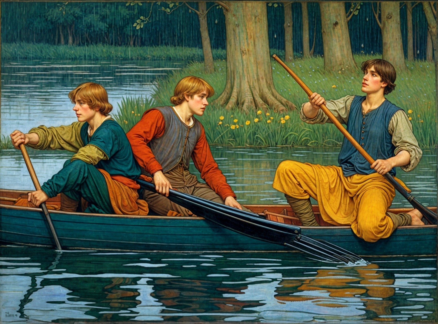 Three Young Men in a Colorful Boat on a Serene River