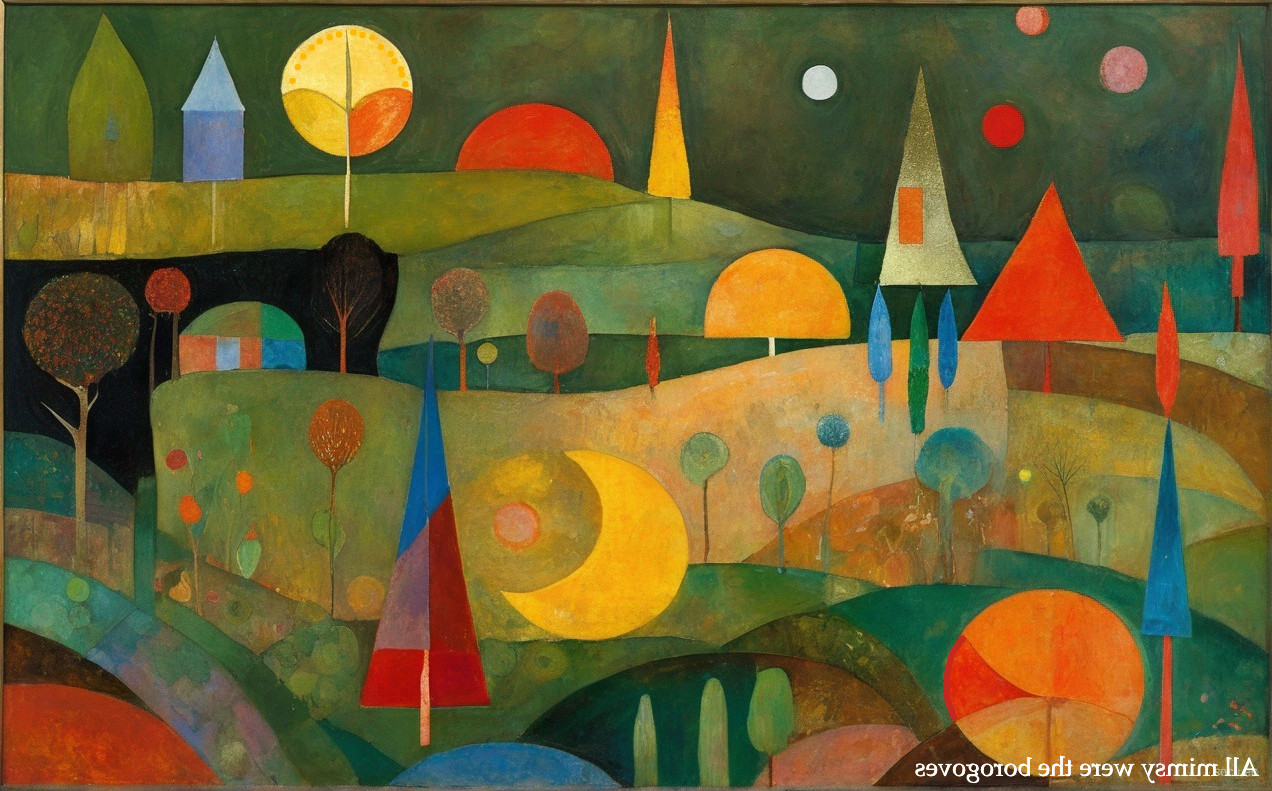 Vibrant geometric landscape painting with starlit sky