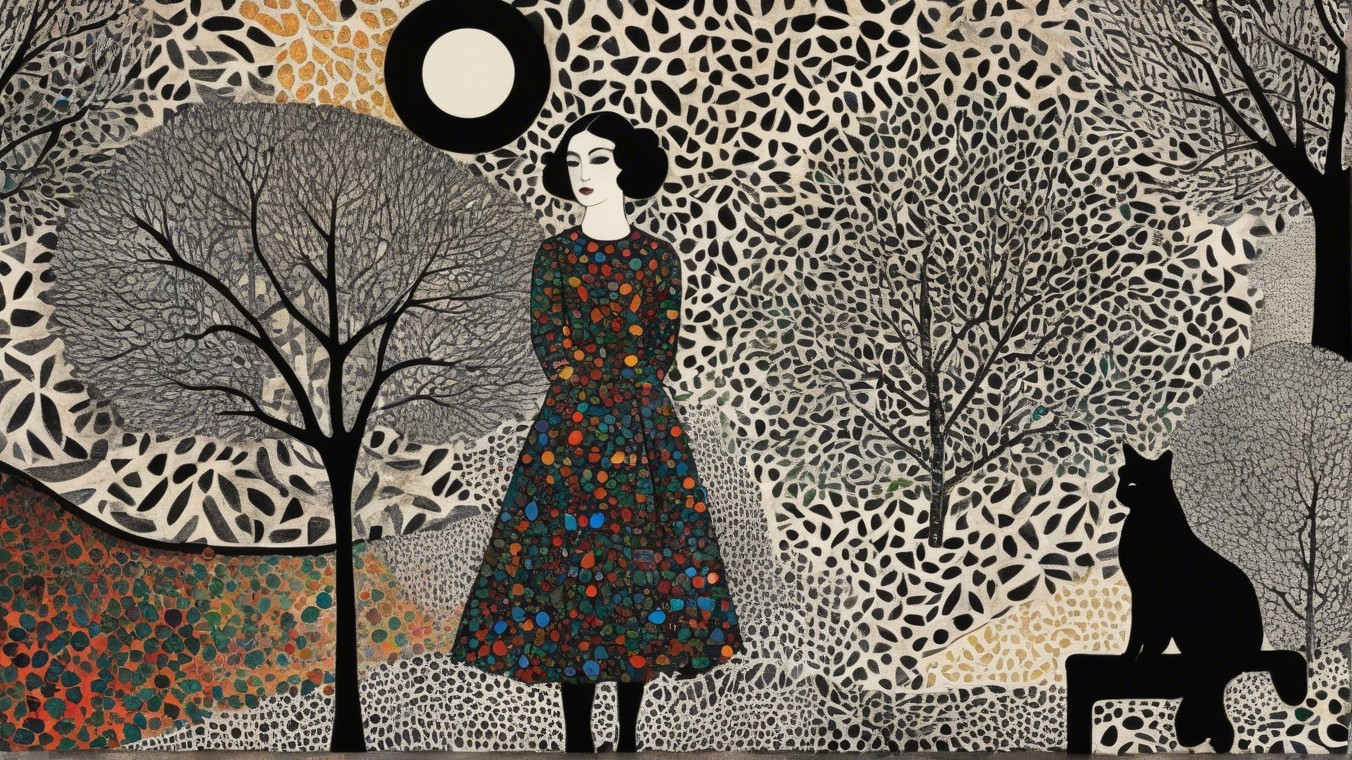 Whimsical Illustration of Woman with Cat and Moon
