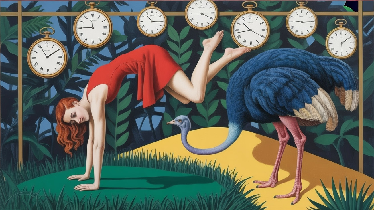 Surreal Scene with Woman, Ostrich, and Pocket Watches