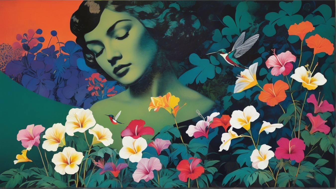 Serene Woman Surrounded by Tropical Flowers and Hummingbirds
