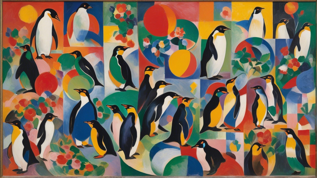 Colorful Artwork of Stylized Penguins in Playful Pattern