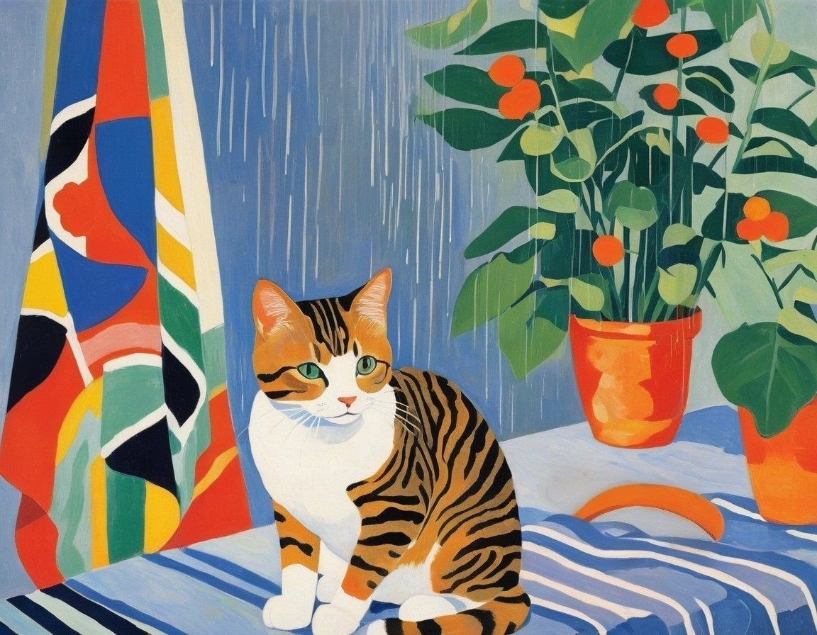 Colorful Artwork of Striped Cat with Green Eyes