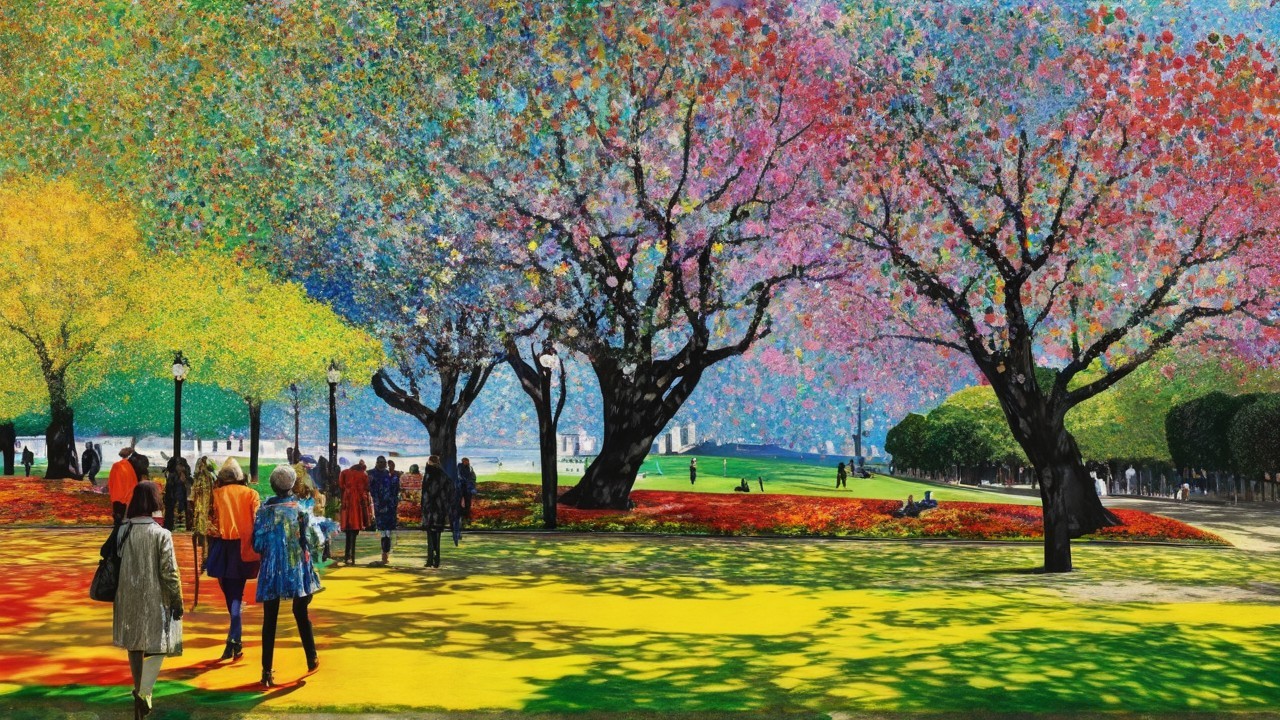 Vibrant Park Scene with Colorful Blossoming Trees