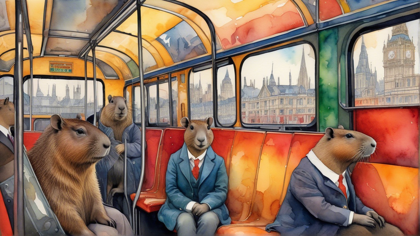 Capybaras in Suits on Vintage Bus with London View