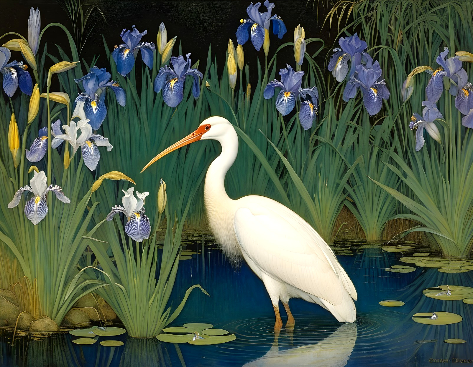 Majestic White Heron in Tranquil Pond with Irises