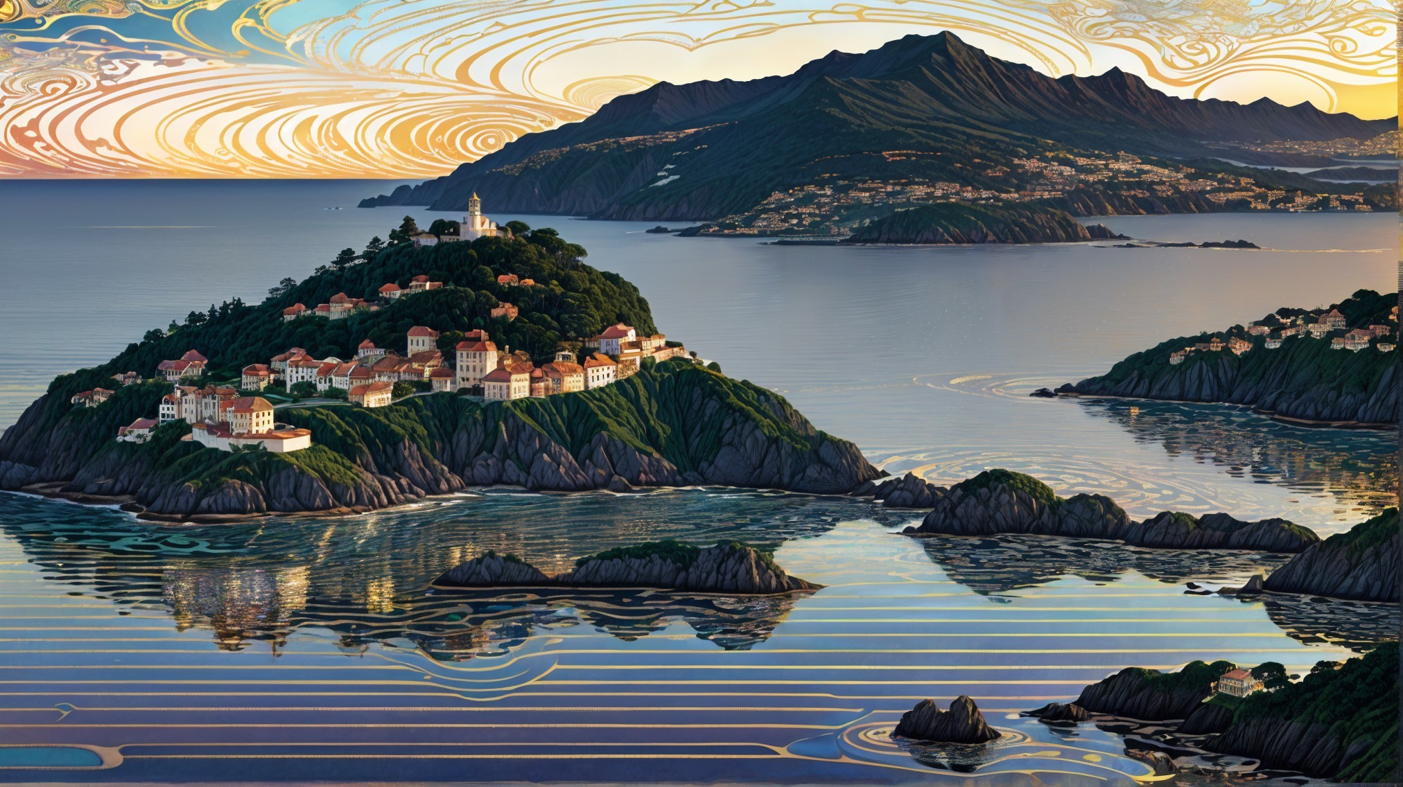 Coastal Village on Hill with Sunset and Mountains
