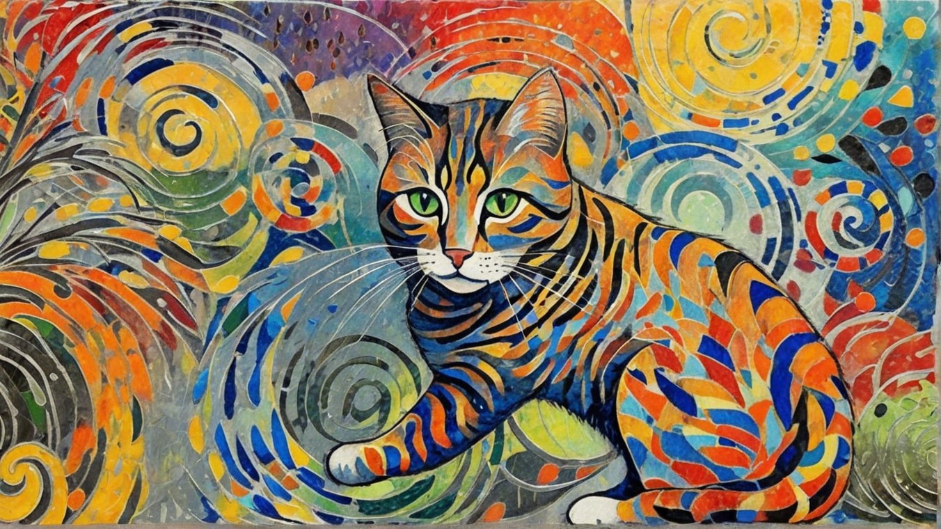 Colorful Cat Painting with Stripes and Vibrant Background