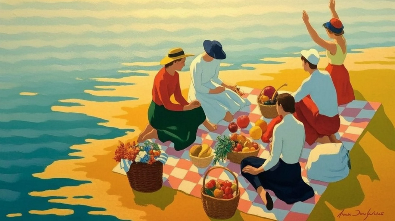 Vibrant Picnic Scene by the Water with Six Women
